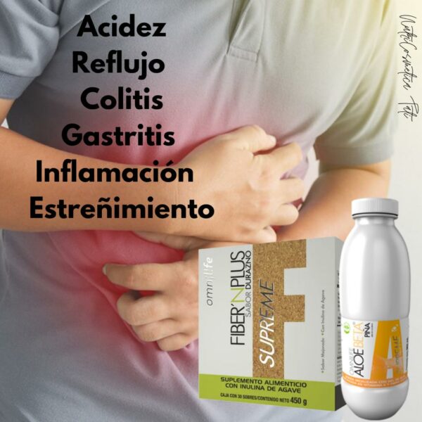 🍏 FIBER'N PLUS Mantiene saludable el intestino, estómago y contiene componentes que participan activamente en la regeneración de la flora intestinal. 🌾 Ingredientes: Salvados de avena y maíz, la fibra de soya, los polvos de ciruela, la papaya, y el betabel, entre otros. 🍍 ALOE BETA El Gel de Sábila ayuda a formar una capa que regenera, la mucosa que recubre lo lastimado por los ácidos gástricos, y la forma de comer y beber. 🌿 Ingredientes: Aloe Vera ( Sábila ), vitamina , E, BETA betacaroteno, y minerales como Magnesio, potasio y calcio, entre otros.