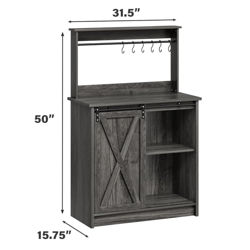 4ever2buy Gabinete de barra de café de granja con almacenamiento, barra de café gris con 6 ganchos, mesa de café con puerta corrediza de granero, gabinete de bar de vinos con estante ajustable para