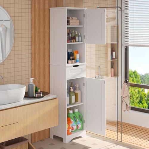 Gizoon Armario de baño de 67 pulgadas de alto, armario de almacenamiento con 2 puertas y cajón, torre de lino estrecha con estantes ajustables independientes para el hogar, cocina, versátil,