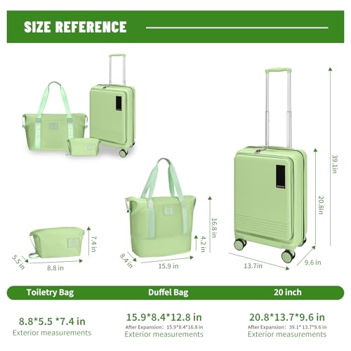 WireHot Maleta de mano de 3 piezas con carcasa rígida frontal abierta, juegos de equipaje ligero con ruedas giratorias y bloqueo TSA para llevar en viajes, equipaje+neceser + bolso de mano, Verde