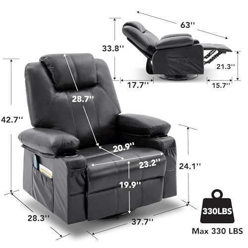 Weture Silla reclinable giratoria con calor y masaje, sofá individual giratorio de 360 grados con portavasos y puerto USB, silla reclinable grande y grande para sala de estar (piel, negro)