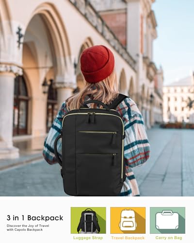 Capolo Mochila de viaje para mujeres y hombres, mochila impermeable para laptop, aprobada por aerolíneas, mochila de transporte, bolsa para computadora, Negro -, Mochilas de viaje