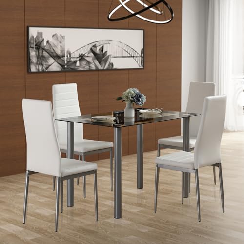 HomVent Juego de mesa de comedor para 4, pequeño juego de mesa de comedor de vidrio templado, mesa de cocina y sillas para espacios pequeños, transparente, blanco, moderno, 43.3 in, piel sintética de