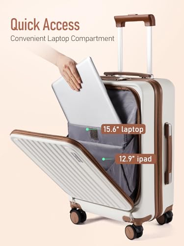 FIGESTIN Equipaje de mano de 22 x 14 x 9 aprobado por aerolínea, equipaje de mano de 20 pulgadas con compartimento frontal, maleta de transporte ligera de viaje con ruedas (aprobado por la TSA), Beige