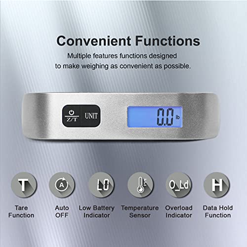travel inspira Báscula de equipaje, báscula digital portátil para equipaje colgante para viajes, báscula de peso de maleta con pintura de goma, 110 libras, batería incluida, plateado