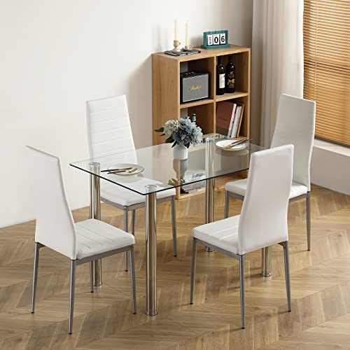 Karl home Juego de mesa de comedor de 5 piezas con 1 mesa de comedor de cristal y 4 sillas de cuero, moderno juego de mesa de comedor plateado para cocina y desayuno, comedor, sala de estar, ahorro de