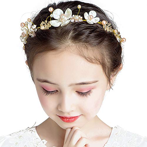 Accesorios para el cabello de boda para niños, diadema de princesa, con perlas de primera comunión, para niñas y mujeres, dulce y linda diadema de boda para niñas y damas de honor, color dorado
