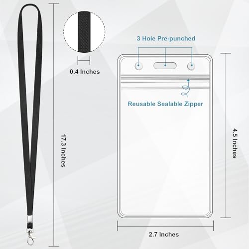 Paquete de 3 soportes transparentes para tarjetas de identificación con cordón negro con soporte vertical impermeable para tarjetas de identificación para oficina, escuela, viajes