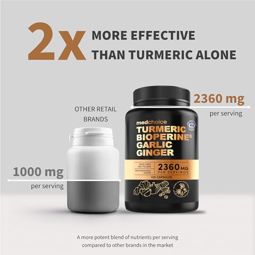 Curcumina de cúrcuma 4 en 1 con bioperina 2360 mg (120 ct) | 95% de curcuminoides, raíz de jengibre, píldoras de ajo, pimienta negra | Anti inflamatorio, dolor de articulaciones, salud del corazón | Hecho en los Estados Unidos.
