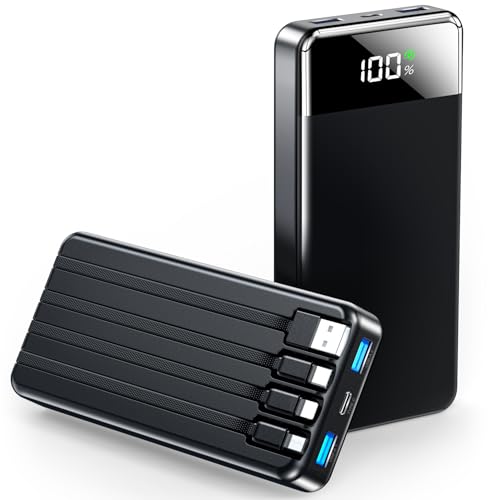 SABANI Cargador portátil de 35000 mAh, batería portátil con 4 cables integrados, batería de carga rápida de 22.5 W, compatible con iPhone 16, 15, 14, 13, Samsung Android, etc. (1 paquete, negro)