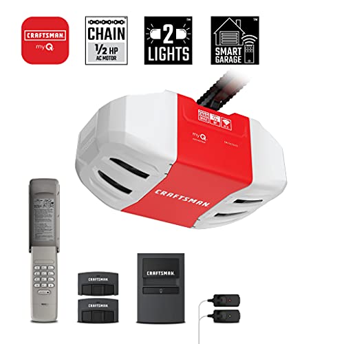 CRAFTSMAN Abridor de puerta de garaje inteligente de 1/2 HP - myQ controlado por teléfono inteligente - transmisión por cadena, teclado inalámbrico incluido, modelo CMXEOCG472, rojo