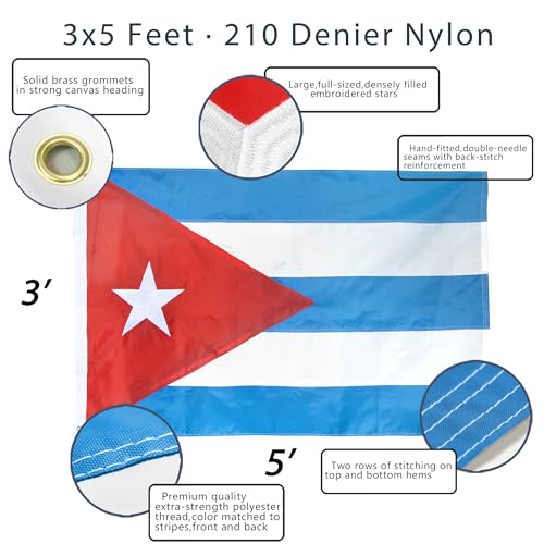 Anley EverStrong Series - Bandera de Cuba bordada de 3 x 5 pies, cabecera de lona bordada y resistente, 4 filas de costuras de cerradura, banderas nacionales cubanas de nailon con ojales de latón de 3