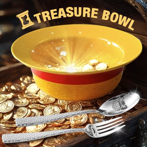 shiningsoul Juego de cuenco de cerámica con sombrero de paja estilo anime, tenedor y cuchara de acero inoxidable martillado, buen regalo ideal para los fanáticos de OP (edición del Capitán)