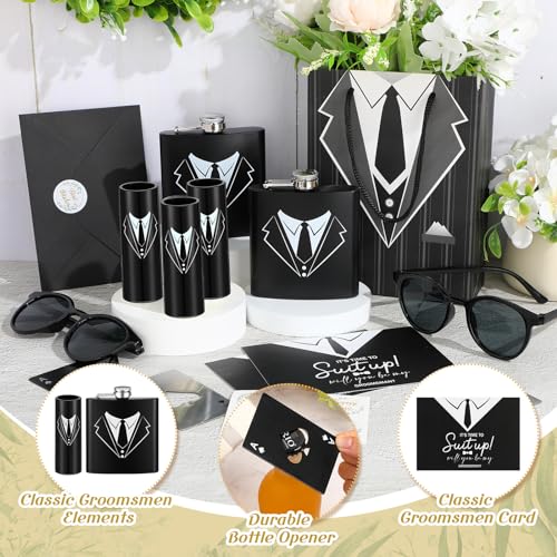 Bokon 48 piezas de regalos para padrinos de boda para hombres, frasco de esmoquin de acero inoxidable, para padrinos de boda, anteojos de póquer, abridor de botellas, bolsa de regalo para padrinos de