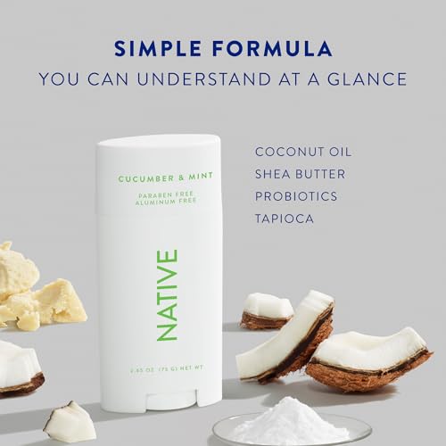 Native Deodorant - Desodorante natural para mujeres y hombres, desodorante sin aluminio, con bicarbonato de sodio, probióticos, aceite de coco y manteca de karité, pepino y menta