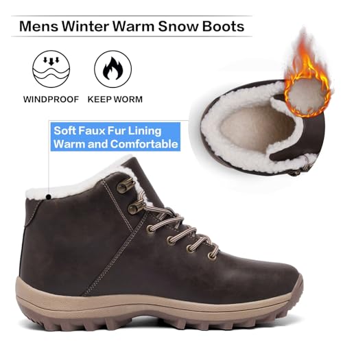 UNTMENU Botas de nieve cálidas de invierno para hombre, con forro de piel, resistentes al agua, antideslizantes, aisladas, para senderismo y senderismo, Marrón oscuro