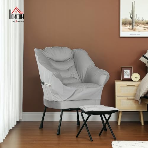 HOMCOM Silla perezosa moderna con otomana, silla decorativa de tela, sofá de ocio con reposabrazos, bolsillos laterales, silla de lectura tapizada y reposapiés para sala de estar, dormitorio, gris