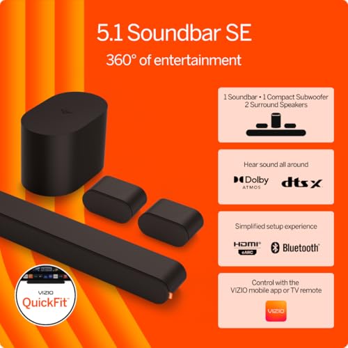 VIZIO Barra de sonido 5.1 SE, subwoofer inalámbrico, sonido envolvente con Dolby Atmos y DTS:X, altavoz Bluetooth, compatible con QuickFit™ - SV510X-08 (nuevo, modelo 2024)