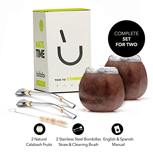 BALIBETOV Juego de calabaza de yerba mate – clásico natural hecho a mano Argentina Yerba taza y pajita, incluye taza mate, bombilla, cepillo limpio – marrón X2