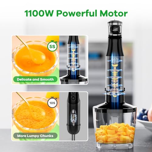 Batidora de inmersión de mano con cable de mano, 1100 W, emulsionante de velocidad variable 5 en 1 con picador, batidor y espumador para sopa, comida para bebés y batidos