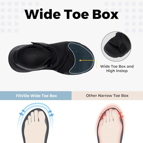 FitVille Sandalias anchas para mujer con amortiguación máxima, zapatos diabéticos para mujer con correas de cierre ajustables, sandalias de plataforma de soporte de arco de punta abierta para mujer