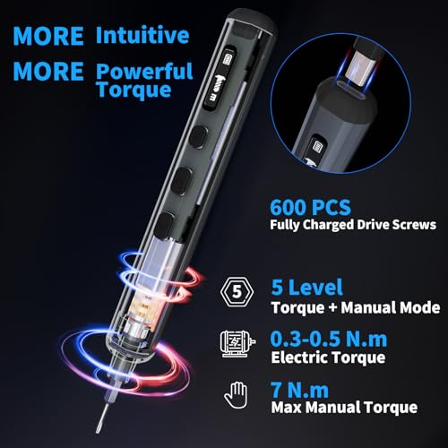 STREBITO Mini juego de destornilladores eléctricos, kit de destornilladores eléctricos de máxima precisión 70 en 1 con luces, 5 niveles de par mejorados, 64 puntas magnéticas, destornillador eléctrico