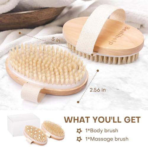 Paquete de 2 cepillos corporales de cepillado en seco, cepillo exfoliante de cerdas naturales con nodos de masaje, para drenaje linfático y mejora la salud de la piel y reduce el acné