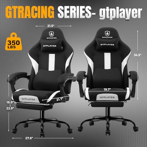 GTRACING Silla de juegos con reposapiés y cojín de resorte de bolsillo, tela transpirable para escritorio de oficina en casa, silla ergonómica de respaldo alto para computadora con reposacabezas y