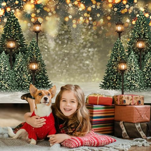 Mocsicka Telón de fondo de paisaje de bosque invernal nevado de árbol de pino de Navidad con halo de puntos de fotografía, fondo de invierno, bosque de las maravillas familiar, decoración de pared, accesorios de estudio fotográfico (10 x 7 pies)