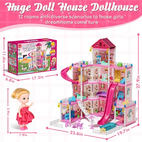 Lehoo Castle Casa de muñecas Dreamhome, casa de muñecas de 4 pisos con 12 habitaciones con muñecas y muebles, juego de casa de muñecas de ensueño de simulación, juguetes rosas para niñas, construcción