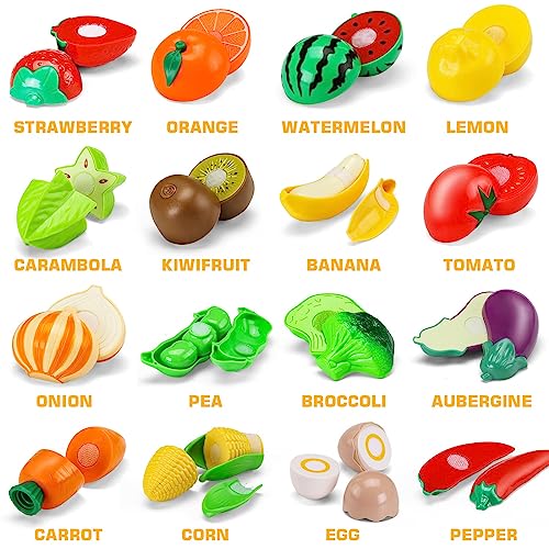 Juego de cocina de corte de 87 piezas para niños, cocina de frutas y verduras y comida rápida con cesta de almacenamiento, juguetes de comida falsa para niños pequeños y bebés, regalo educativo para