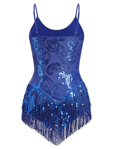 IBAKOM Traje sexy de lentejuelas con flecos para mujer, con borlas brillantes, disfraz de acróbata de baile latino, traje de artista trapecio para rave, Azul Real