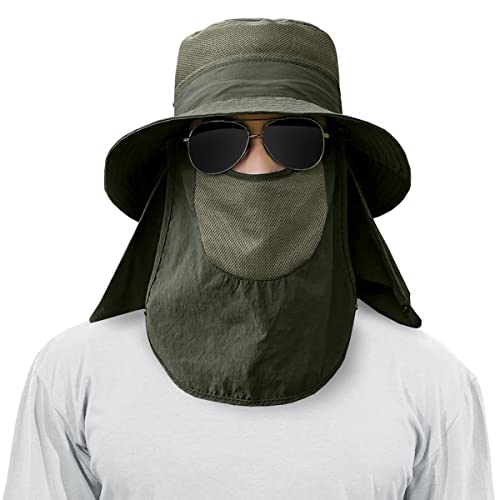 Paquete de 3 sombreros de pesca de ala ancha para hombre, protección solar UPF 50+ con solapa para el cuello para senderismo y jardín, Paquete de 3: gris oscuro, gris claro y verde militar