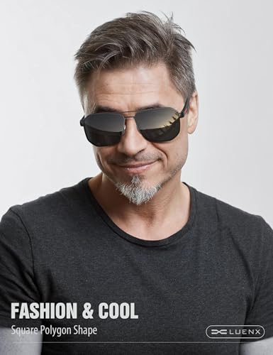 LUENX Lentes de sol de aviador para hombre, lentes de polígono polarizadas cuadradas, protección UV 400 con accesorios de 2.33 pulgadas para conducir al aire libre, Lente negra/montura y brazo negro
