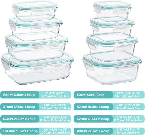 Vtopmart Paquete de 8 recipientes de vidrio para almacenamiento de alimentos con tapas herméticas, recipientes de vidrio para preparación de comidas, comida de oficina para microondas, horno