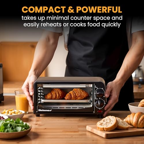 Elite Gourmet ETO236 - Horno tostador personal compacto de 2 rebanadas con temporizador de 15 minutos y temperatura ajustable, para hornear, asar y tostar, negro