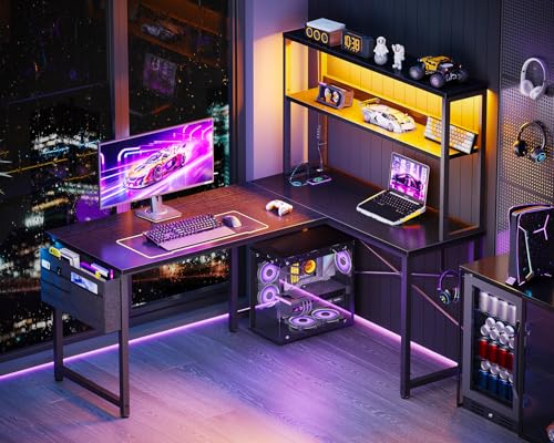 ODK Escritorio en forma de L de 43 pulgadas con iluminación LED, escritorio reversible para juegos con tomas de corriente, mesa de computadora de esquina con estantes de almacenamiento, bolsa y gancho