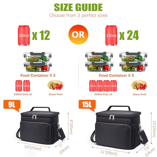 Yonktoo Lonchera térmica para hombres y mujeres, bolsa de almuerzo suave a prueba de fugas con 4 bolsillos y correa ajustable para el trabajo, playa, picnic, campamento, viajes, color negro, 9L