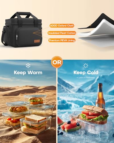 HOTOR Lonchera para hombres y mujeres – Bolsa térmica de almuerzo a prueba de fugas con correa ajustable, múltiples bolsillos para oficina, picnic, senderismo, playa, 1 capa, 8 L, negro, 9.8 x 8.7 x