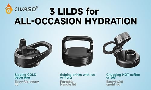 CIVAGO - Botella de agua aislada de 32 oz con popote, botella deportiva de acero inoxidable con 3 tapas (popote, boquilla y tapa de asa), taza térmica de viaje de boca ancha, gradiente negro y gris