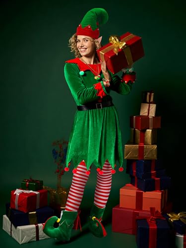 Croknit Juego de 14 disfraces de elfo de Navidad para mujer, vestido de terciopelo de Navidad, disfraz de ayudante de Papá Noel para fiesta de Navidad y cosplay (S)