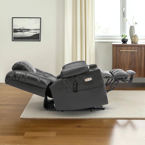 MCombo Silla reclinable grande con triple motor con masaje y calefacción doble, reposacabezas ajustable para personas mayores altas, piel sintética 7634 (gris oscuro, L)