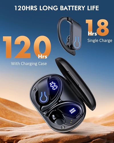 CoolJumper Auriculares inalámbricos Bluetooth 120H de tiempo de reproducción Auriculares Bluetooth 5.3 para deportes, auriculares estéreo Hi-fi con pantalla LED Estuche de carga, auriculares para