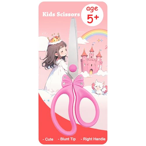 SLEMOON Tijeras para niños de 4 a 8 años | Tijeras de seguridad de punta roma, cuchillas de acero inoxidable, plástico ABS | Suministros de manualidades escolares, proyectos de arte, rosa (diseño de princesa con diamantes de imitación)