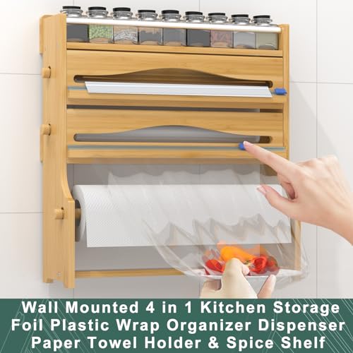 Dispensador organizador de papel de aluminio de plástico – Soporte de toalla de papel de cocina de bambú montado en la pared con estante de especias, dispensador de rollos 4 en 1 de 12 pulgadas con cortador