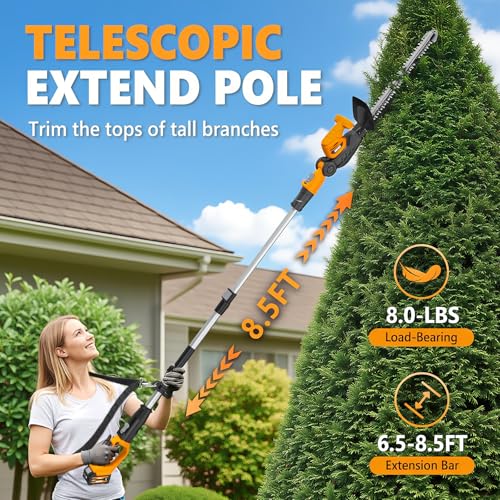 Alloyman Cortasetos Inalámbrico 2 en 1 de Pértiga y Manual de 20V, Cortasetos Eléctrico con 2 Paquetes de Batería y Cargador de 4.0Ah, Alcance de 8.5 Pies, Cortasetos de Cabezal Giratorio de 11