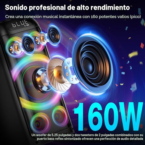 BOHINI - Altavoz Bluetooth, potente sonido estéreo de 160 W de pico, graves profundos, inalámbrico, boombox portátil grande, altavoces de fiesta para exteriores con subwoofer, emparejamiento TWS, luz