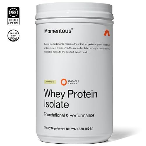 Momentous Essential Proteína de suero de vacas alimentadas a pasto en polvo - 20 g de proteína aislada de suero - Certificada NSF para el deporte - Sin gluten - 25 porciones para uso diario esencial