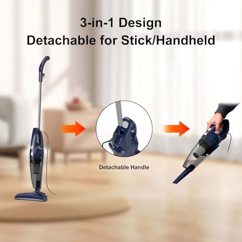 Sancorp Aspiradora con cable, 3 en 1 desmontable a mano con dirección izquierda a derecha de 180°, potente succión de 14 KPA para pelo de mascotas en suelos duros, filtro HEPA, ligero con cable de 16.4 pies de largo