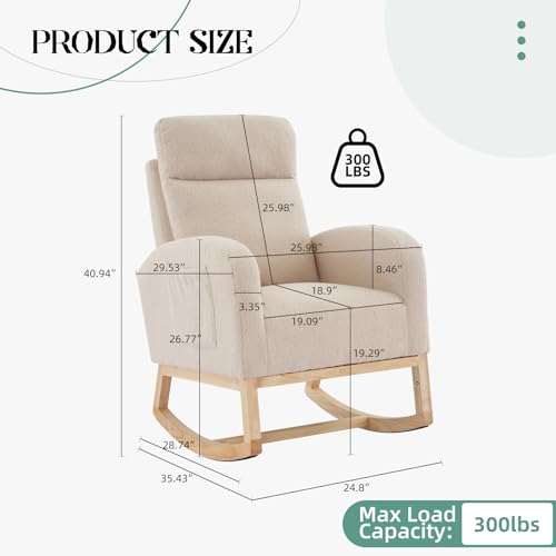 GarveeHome Mecedora para guardería, silla de guardería con respaldo alto y bolsillo lateral, sillón con patas de madera de goma para sala de estar, dormitorio, guardería